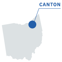 Outline of the state of Ohio with Canton denoted