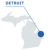 Outline of the state of Michigan with Detroit denoted