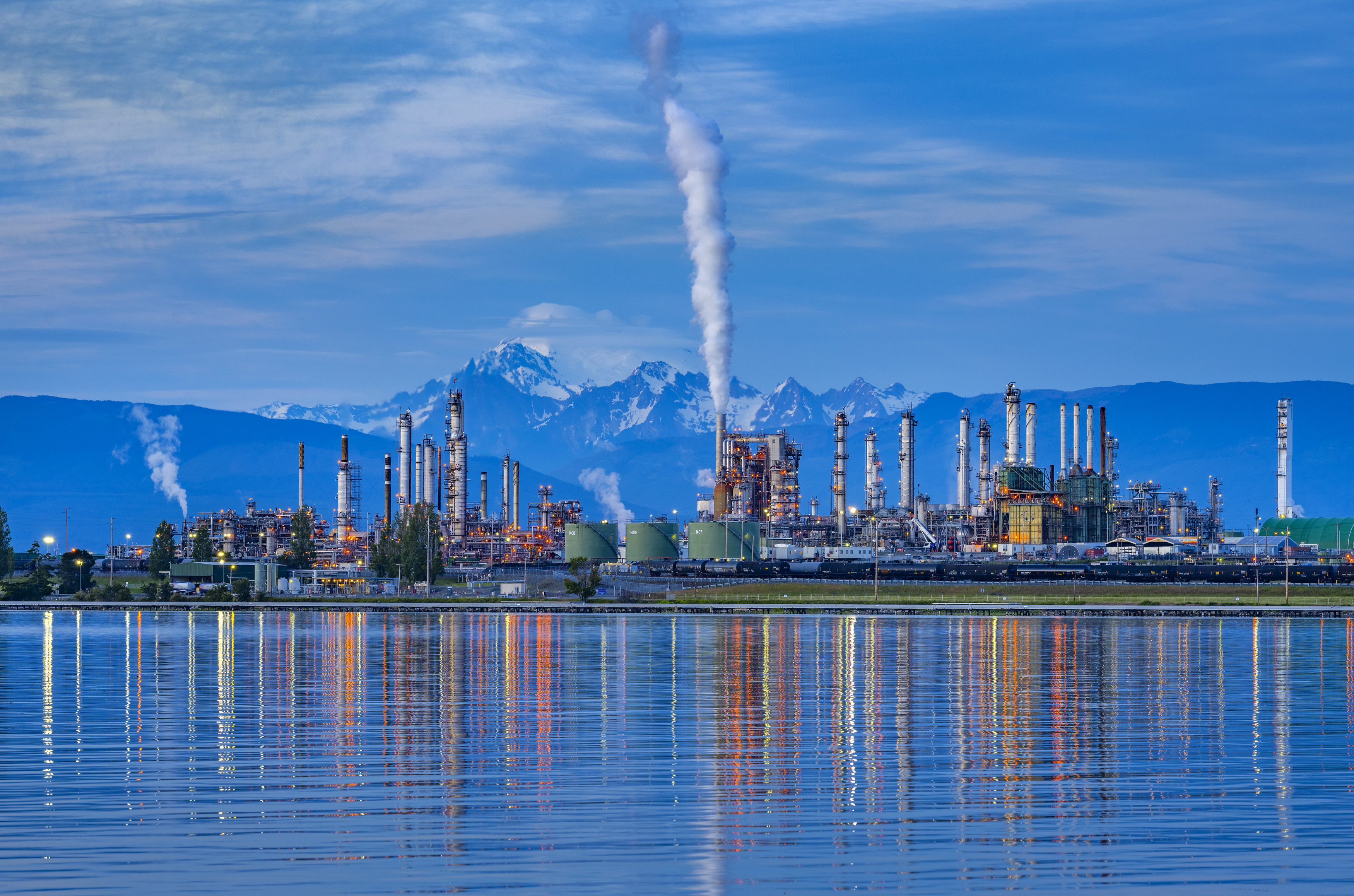 Anacaortes Refinery Anacaortes Refinery in Washington State from across the water with a mountain in the background