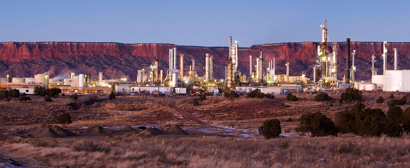 Gallup refinery in New Mexico with mountains off in the distance