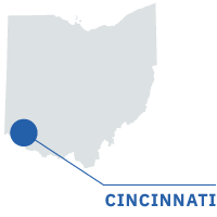 Outline of the state of Ohio with Cincinnati denoted